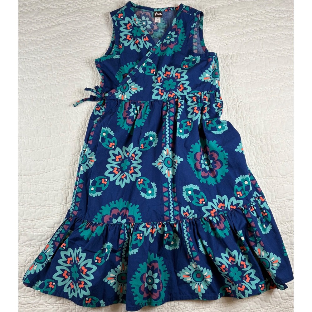 Tea Collection Wrap Dress Kids 12 Blue Limpopo Bandana Tiered Cotton Sleeveless